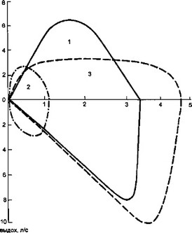 Рис. 8. Кривые поток — объем.
				1 — нормальная форма кривой; 2 — рестриктивные изменения; 3 — вариабельная экстраторакальная обструкция.