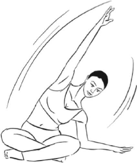 Сядьте прямо, ноги согнуты в коленях и скрещены перед собой. Левая рука согнута в локтевом суставе и ладонью и предплечьем прижата к полу. Правая рука вытянута вверх, ладонь внутренней стороной направлена влево.