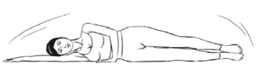 Лежа на боку, правая рука вытянута вверх, ладонь плотно прижата к полу, левая - согнута в локте, упор ладонью перед туловищем на уровне груди. Голова расположена на плече, ноги выпрямлены, стопы соединены, носки вытянуты вперед.