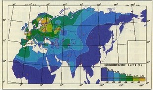 Рис. 40. Карта географической изменчивости в населении Старого Света частоты гена CCR5delta32, который обуславливает устойчивость людей к инфицированию вирусом иммунодефицита человека