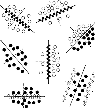 Рис. 16. Различная ориеитация рецептивных полей «простых» корковых нейронов.